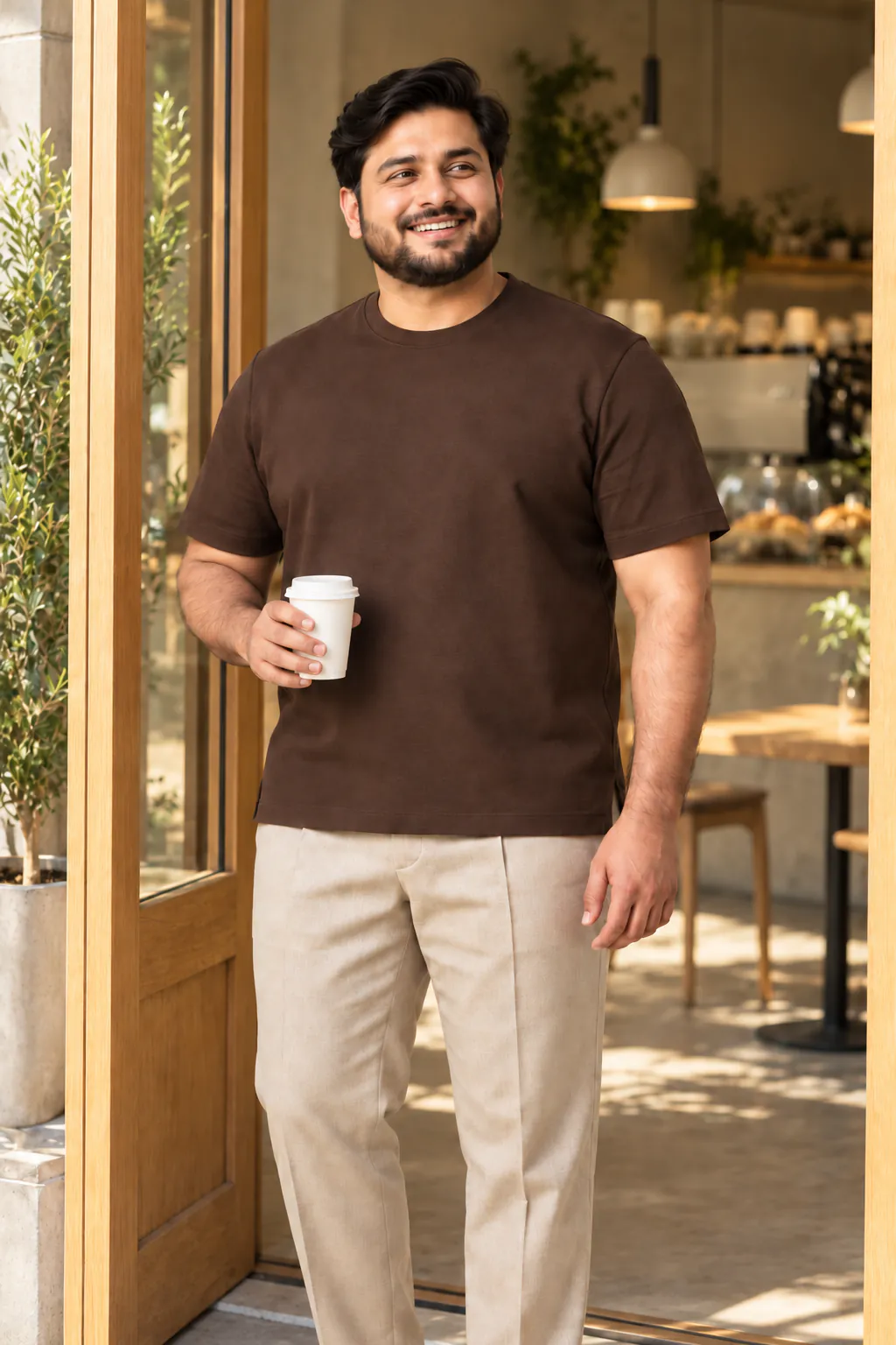 A man in an espresso tee and oat pleated trousers laughing in a sunlit café doorway