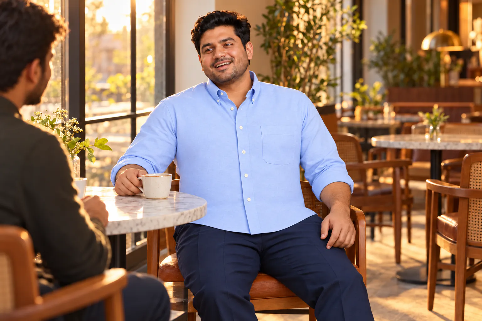 A man in a powder blue Oxford shirt laughing at a café table at golden hour